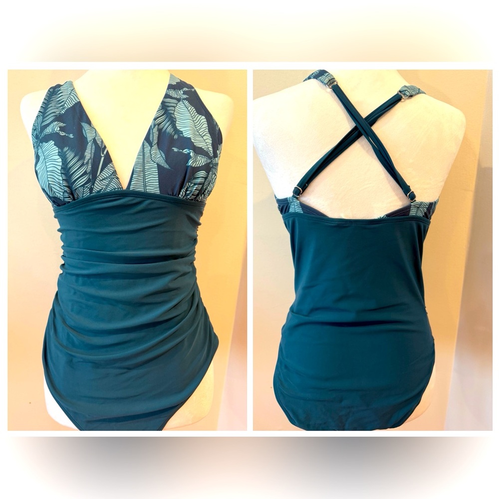 Teal Halter Swimsuit with Leaf Print